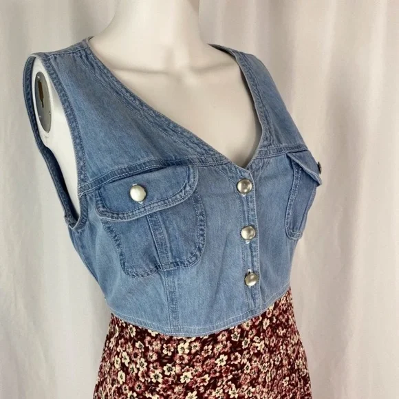 Vintage Midi Length Floral and Denim Sleeveless Dress - Picture 4 of 10